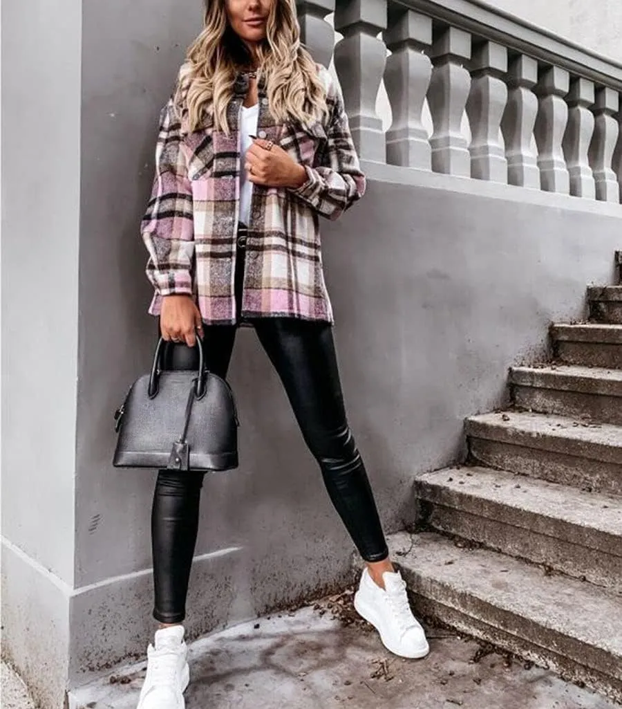 ebossy Womens Classic Lapel Plaid Shirt Coat Long Sleeve Wool Blend Jacket Shacket with Flap Pocket