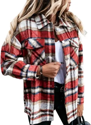 ebossy Womens Classic Lapel Plaid Shirt Coat Long Sleeve Wool Blend Jacket Shacket with Flap Pocket