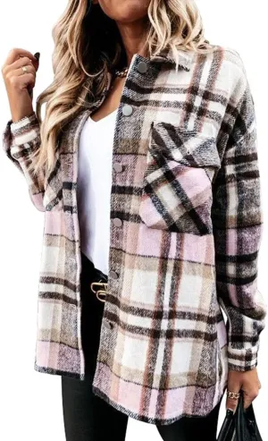 ebossy Womens Classic Lapel Plaid Shirt Coat Long Sleeve Wool Blend Jacket Shacket with Flap Pocket