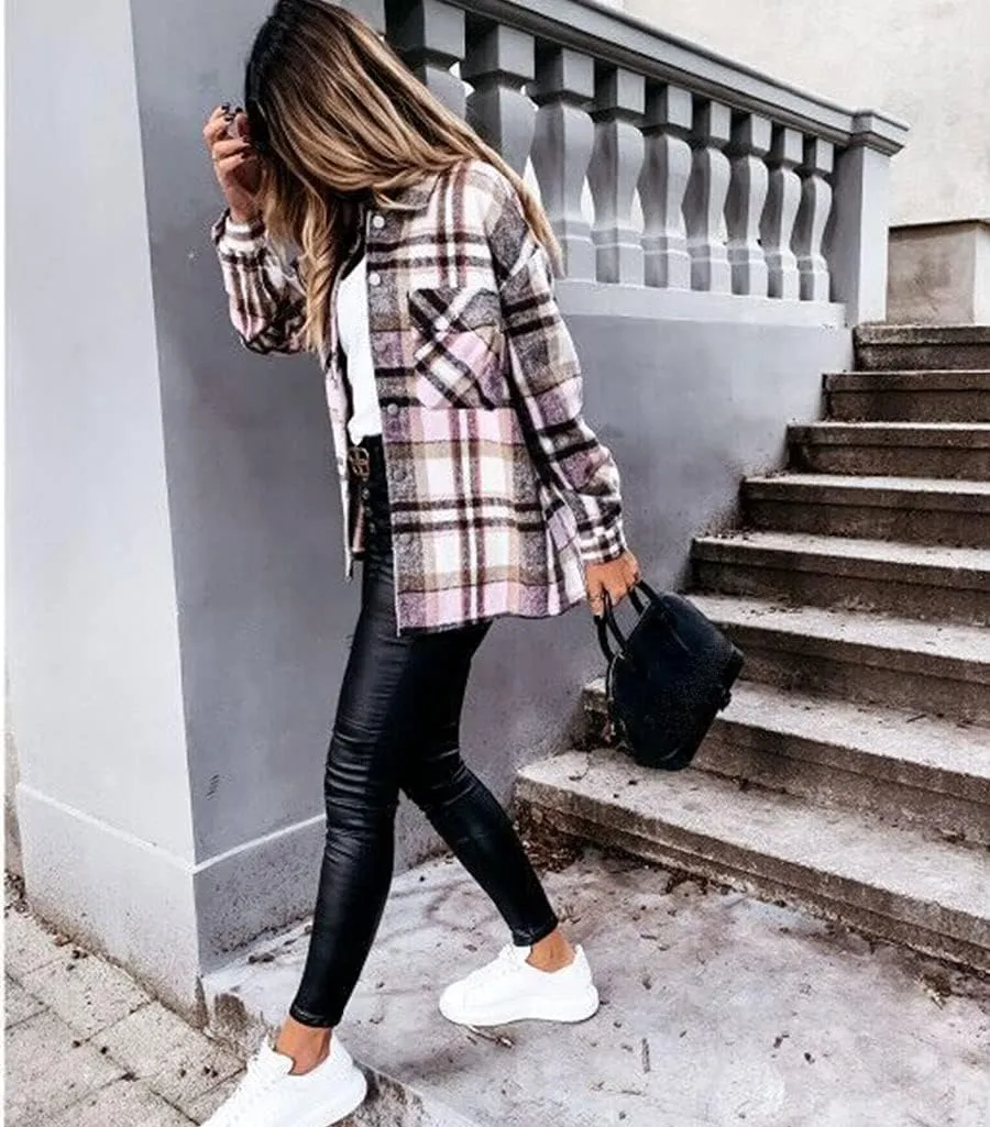 ebossy Womens Classic Lapel Plaid Shirt Coat Long Sleeve Wool Blend Jacket Shacket with Flap Pocket