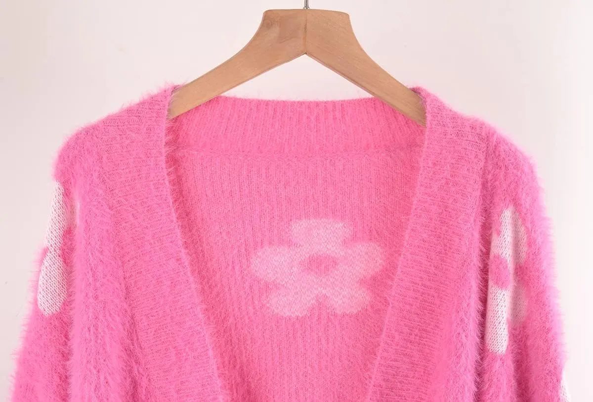 ebossy Women's Cute Cropped Daisy Knit Cardigan Fuzzy Furry Open Front Lantern Sleeve Sweater Coat