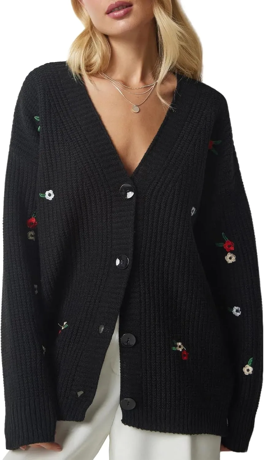 ebossy Women's Elegant Embroidery Flower Chunky Knit Cardigan Sweaters V Neck Button Down Slouchy Wool Blend Sweater Coats