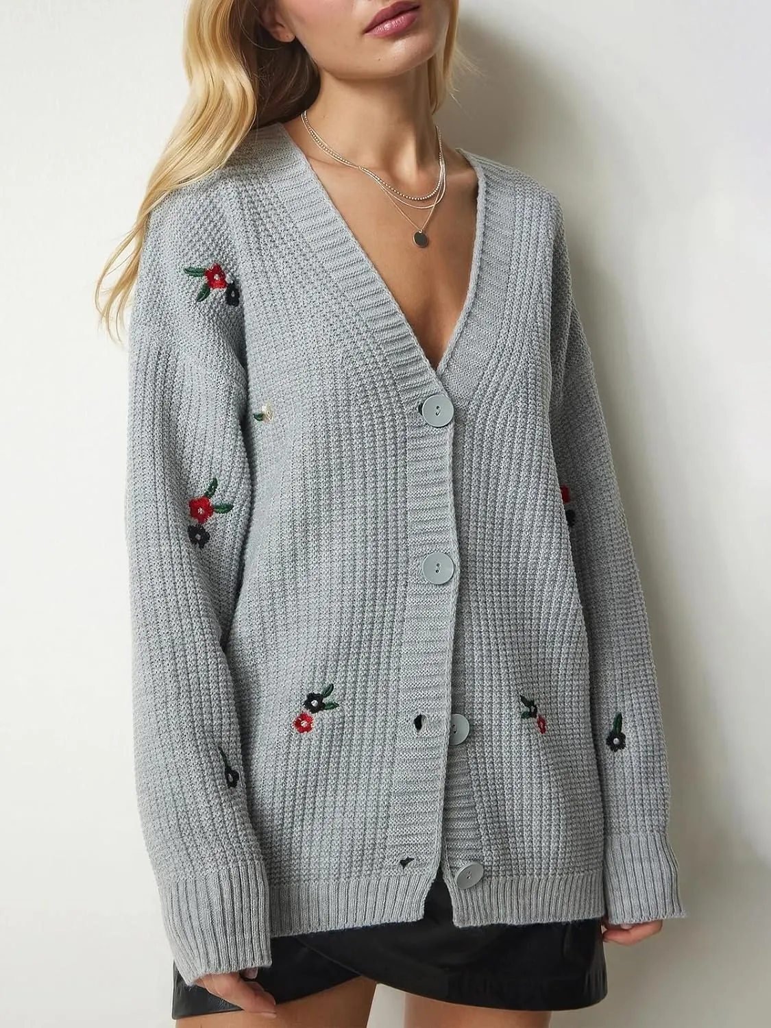 ebossy Women's Elegant Embroidery Flower Chunky Knit Cardigan Sweaters V Neck Button Down Slouchy Wool Blend Sweater Coats