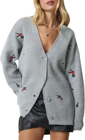 ebossy Women's Elegant Embroidery Flower Chunky Knit Cardigan Sweaters V Neck Button Down Slouchy Wool Blend Sweater Coats