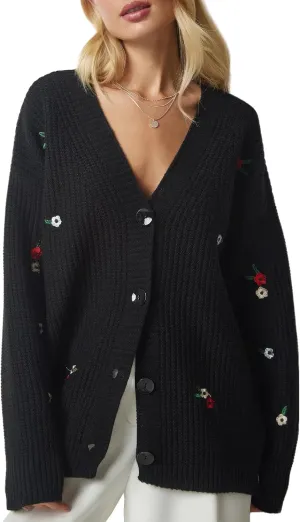 ebossy Women's Elegant Embroidery Flower Chunky Knit Cardigan Sweaters V Neck Button Down Slouchy Wool Blend Sweater Coats
