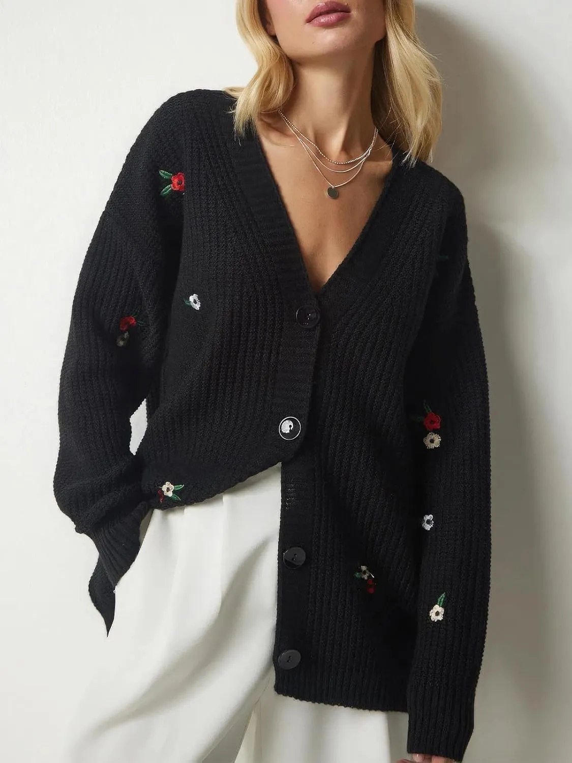 ebossy Women's Elegant Embroidery Flower Chunky Knit Cardigan Sweaters V Neck Button Down Slouchy Wool Blend Sweater Coats