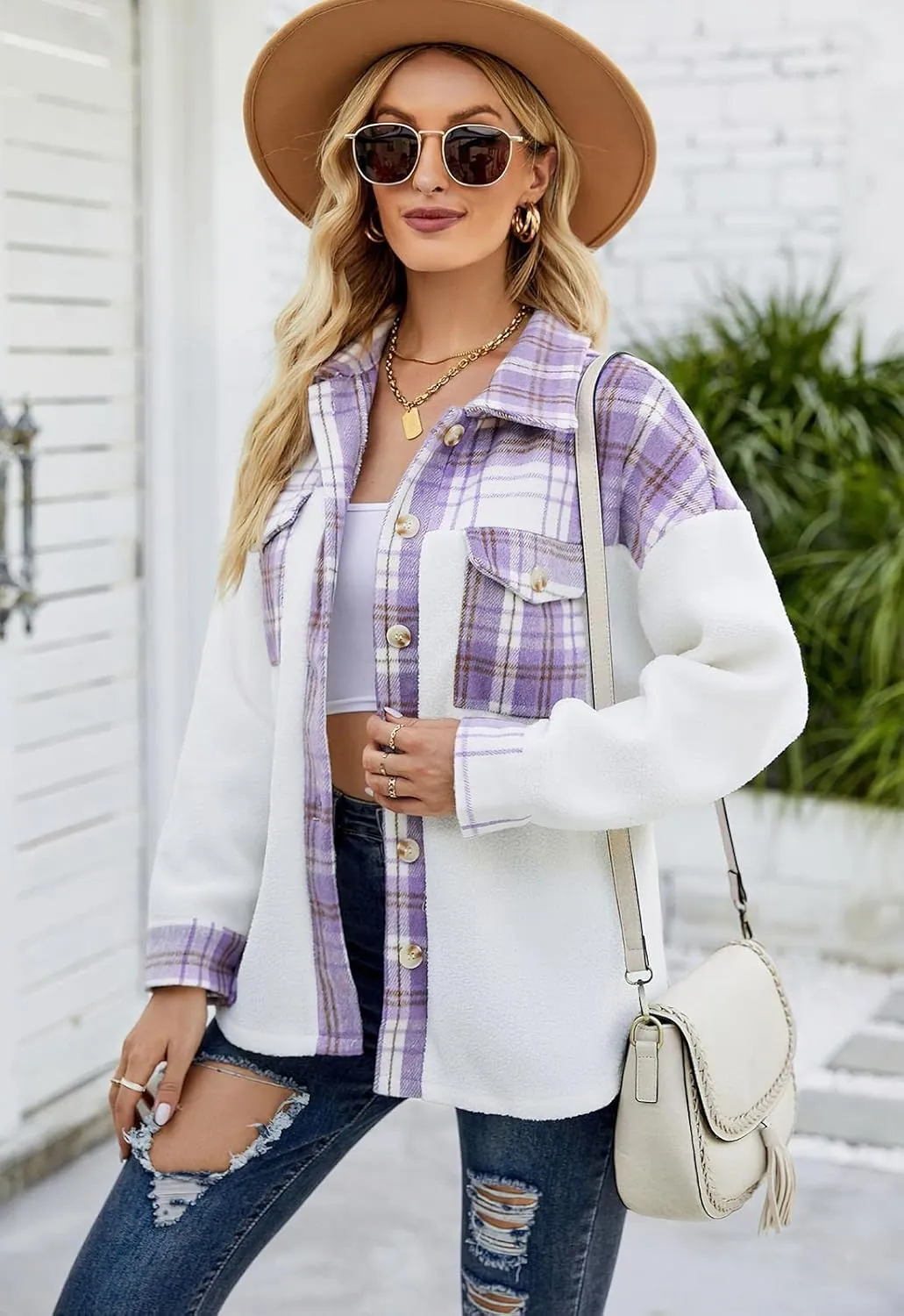 ebossy Women's Soft Fuzzy Fleece Plaid Shirt Jacket Button Down Spliced Wool Blend Oversized Sherpa Coat Shacket