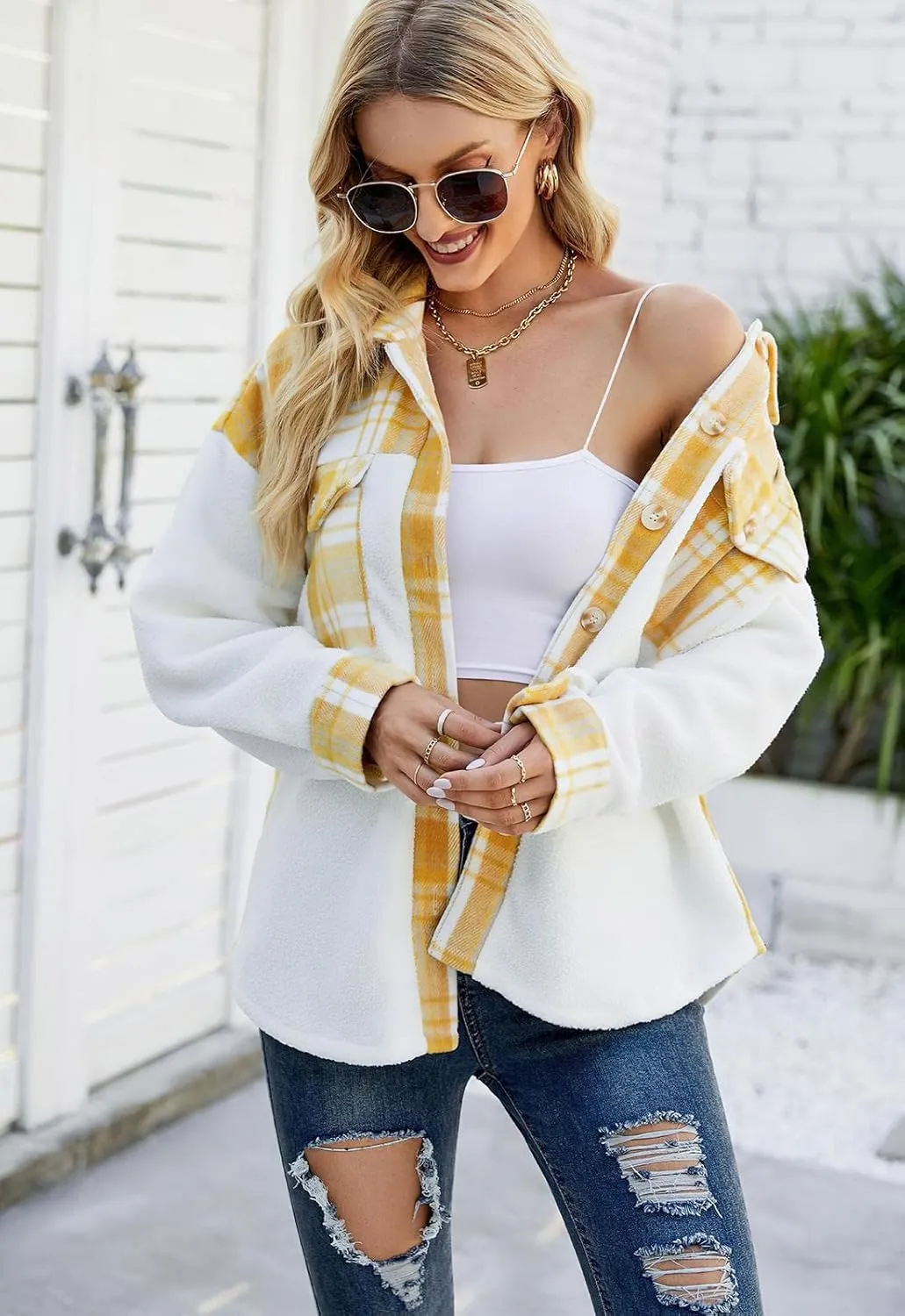 ebossy Women's Soft Fuzzy Fleece Plaid Shirt Jacket Button Down Spliced Wool Blend Oversized Sherpa Coat Shacket