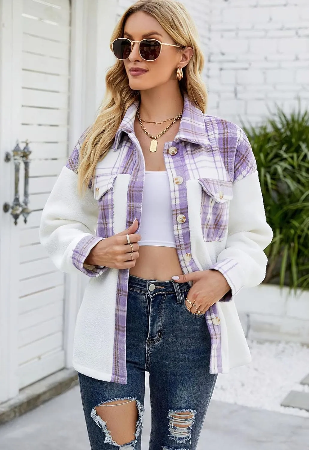 ebossy Women's Soft Fuzzy Fleece Plaid Shirt Jacket Button Down Spliced Wool Blend Oversized Sherpa Coat Shacket