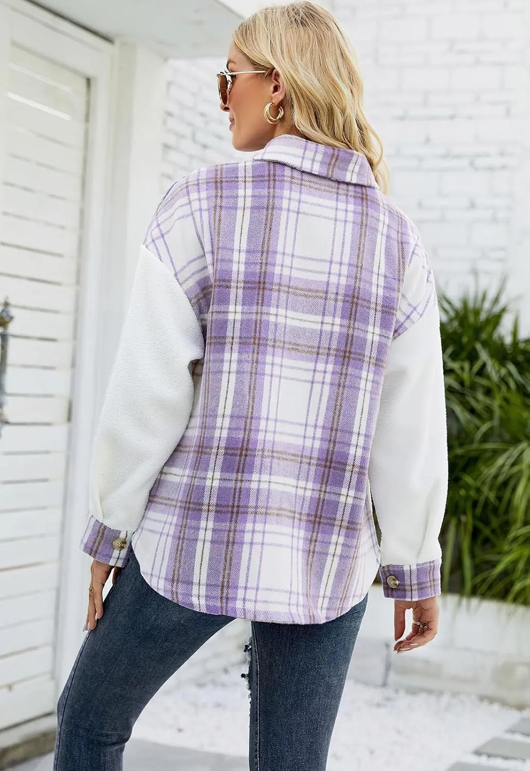 ebossy Women's Soft Fuzzy Fleece Plaid Shirt Jacket Button Down Spliced Wool Blend Oversized Sherpa Coat Shacket