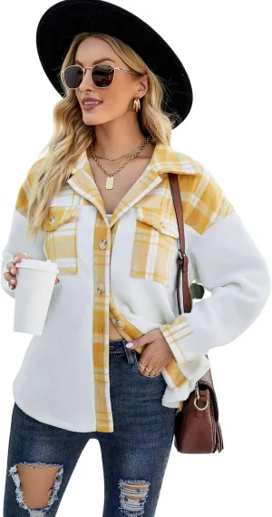 ebossy Women's Soft Fuzzy Fleece Plaid Shirt Jacket Button Down Spliced Wool Blend Oversized Sherpa Coat Shacket