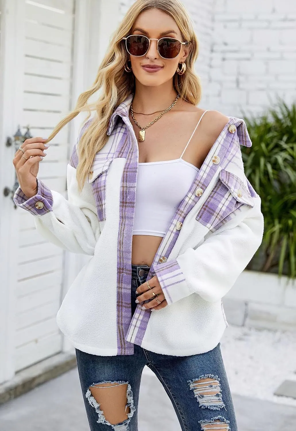 ebossy Women's Soft Fuzzy Fleece Plaid Shirt Jacket Button Down Spliced Wool Blend Oversized Sherpa Coat Shacket