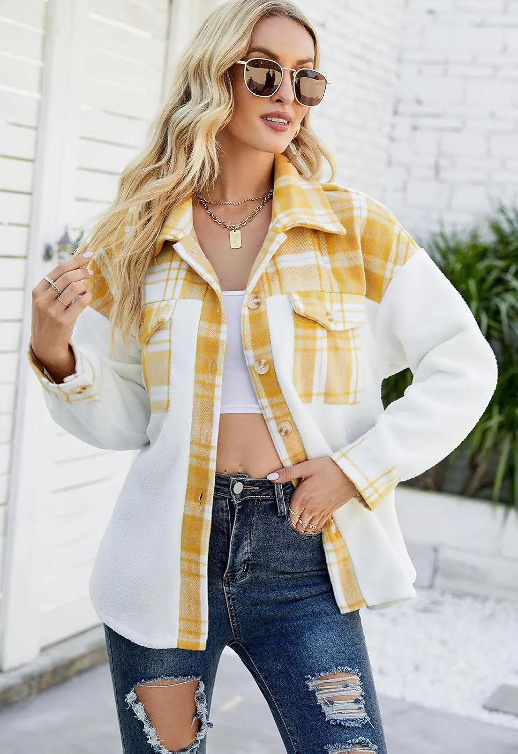 ebossy Women's Soft Fuzzy Fleece Plaid Shirt Jacket Button Down Spliced Wool Blend Oversized Sherpa Coat Shacket