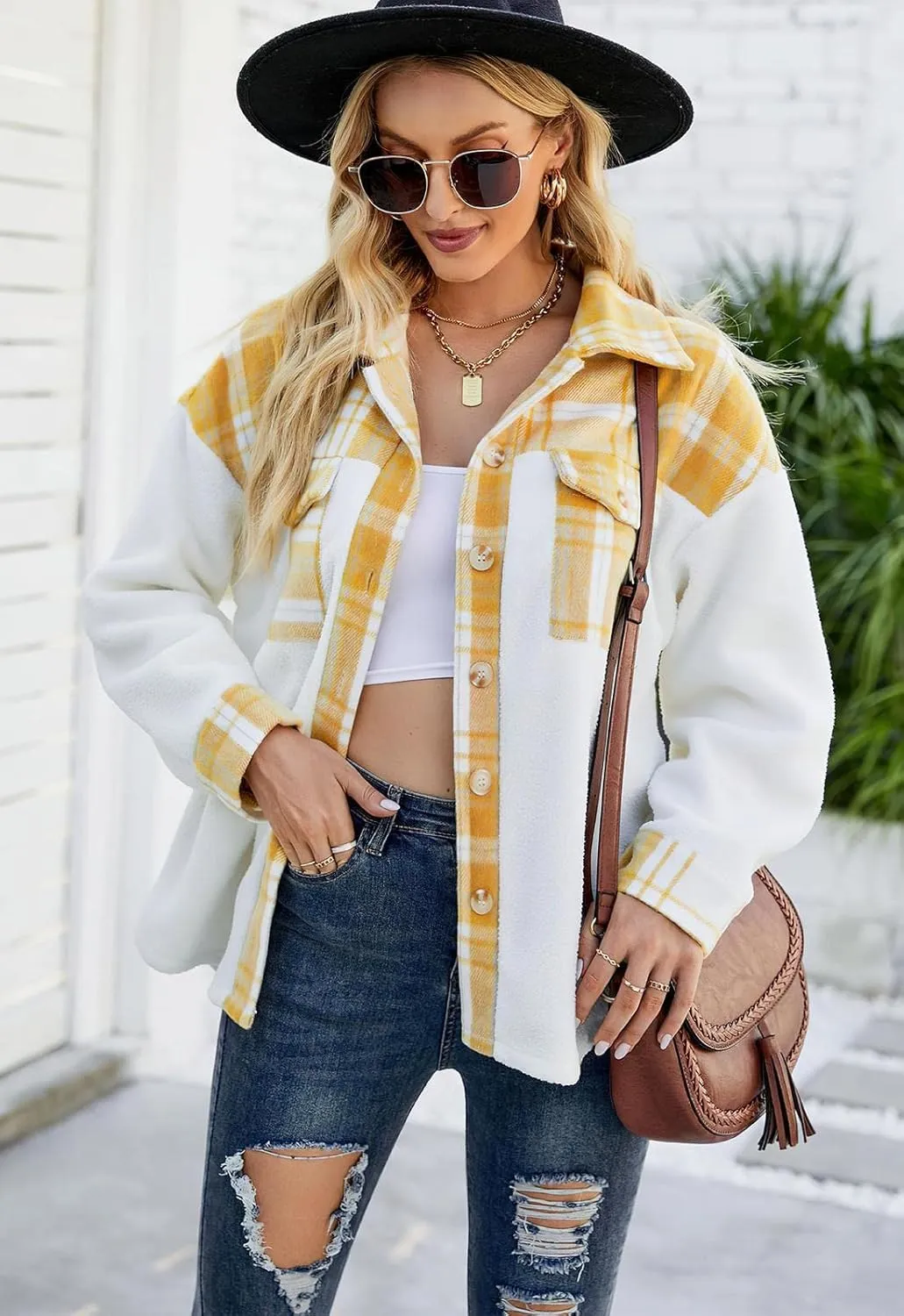 ebossy Women's Soft Fuzzy Fleece Plaid Shirt Jacket Button Down Spliced Wool Blend Oversized Sherpa Coat Shacket