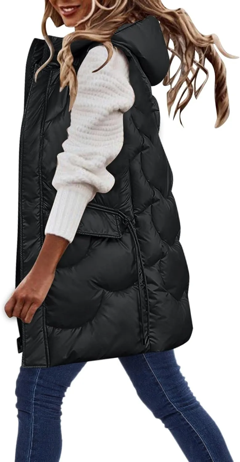 Eduavar Puffer Jacket Womens with Hood Winter Coats for Women 2024 Fashion Sleeveless Quilted Down Jacket with Pockets