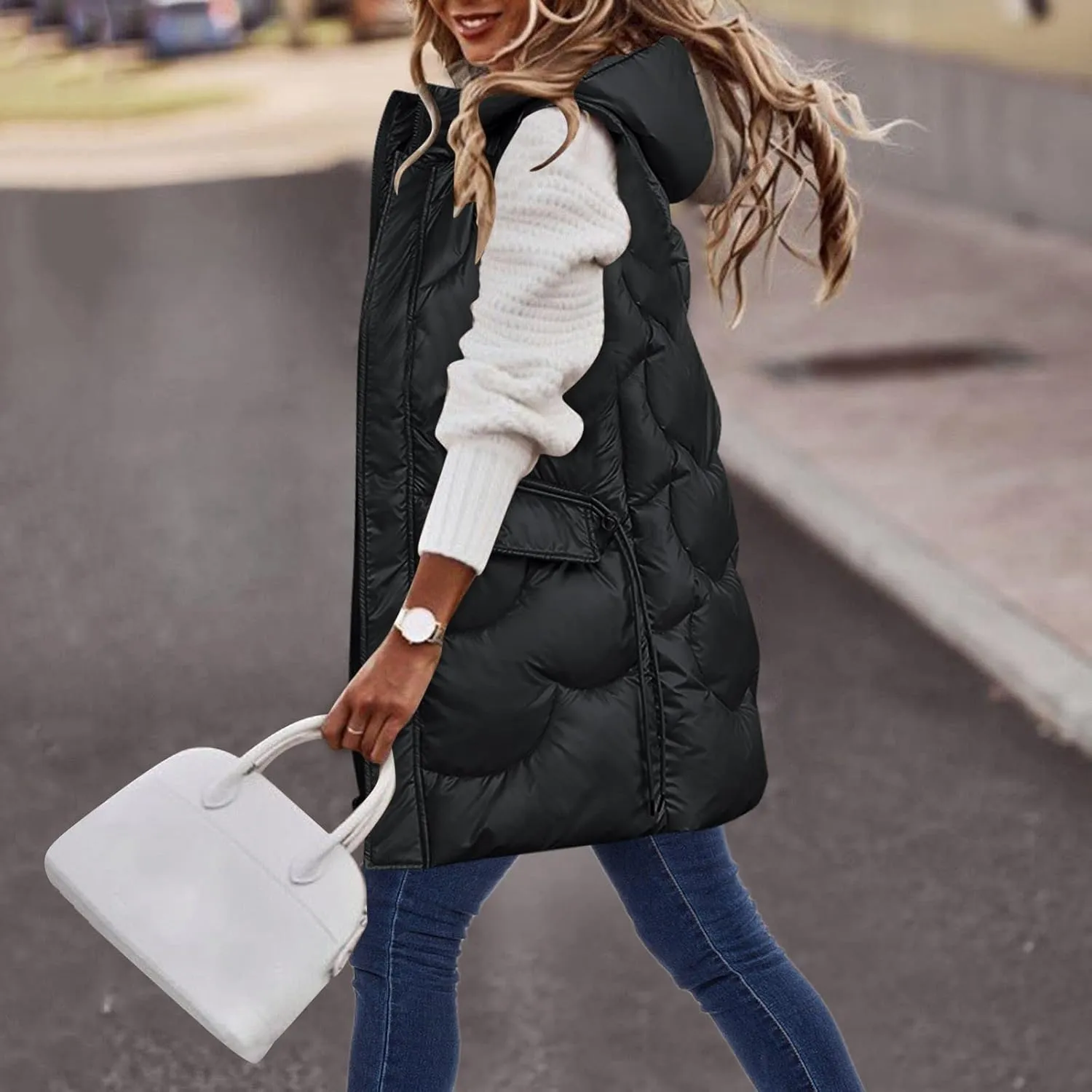 Eduavar Puffer Jacket Womens with Hood Winter Coats for Women 2024 Fashion Sleeveless Quilted Down Jacket with Pockets