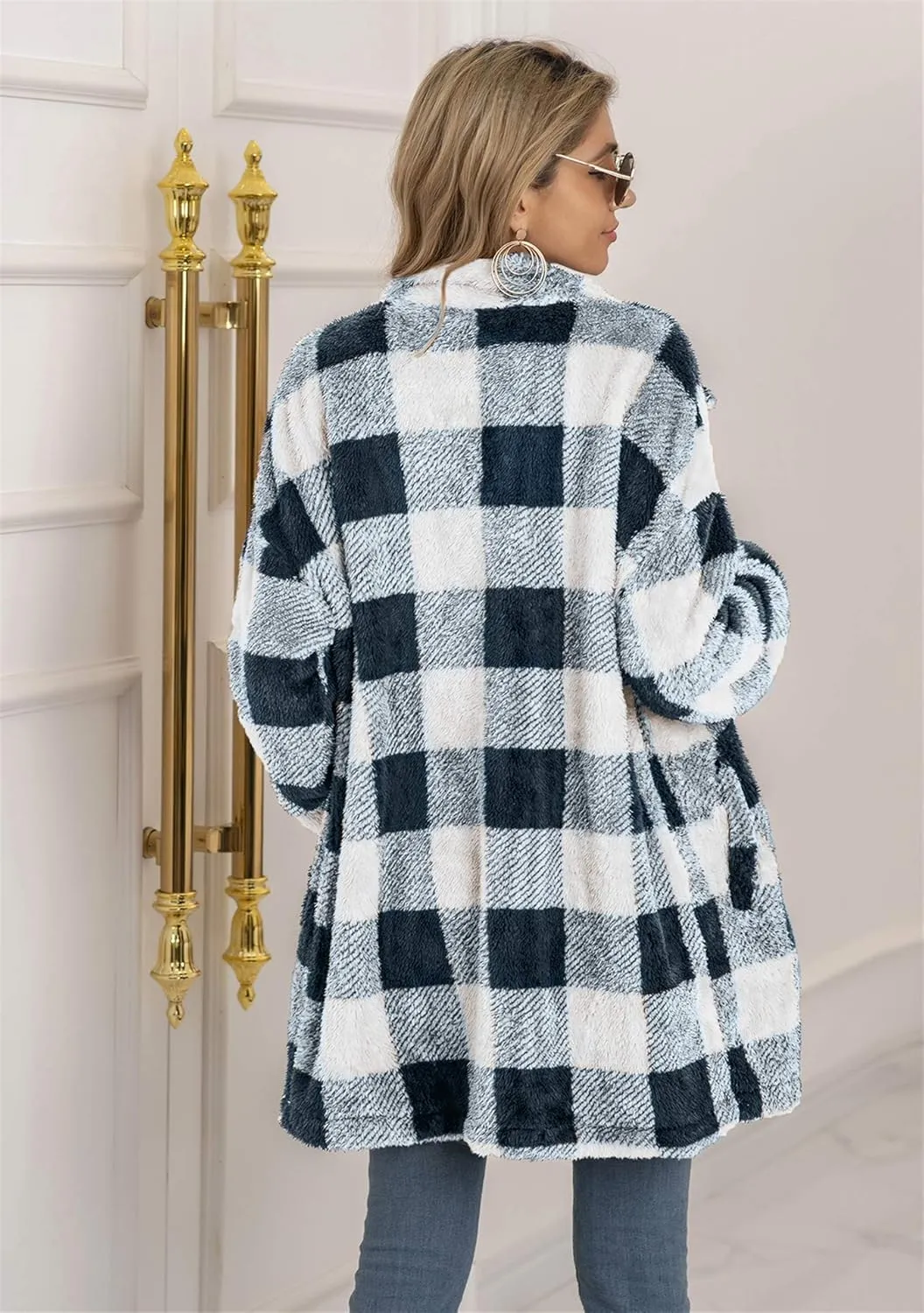 EFOFEI Womens Winter Fleece Plaid Jackets Faux Long Sleeve Coat Fluffy Sherpa Outwear with Pockets