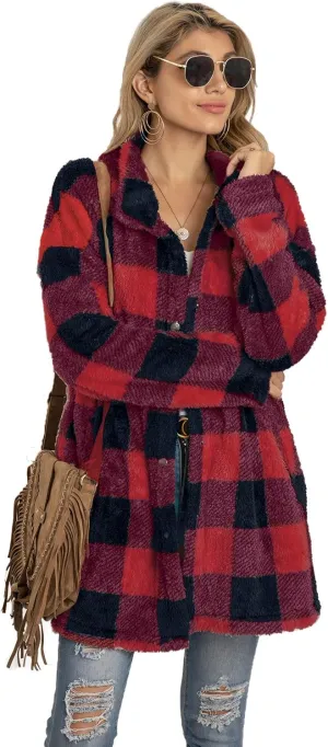 EFOFEI Womens Winter Fleece Plaid Jackets Faux Long Sleeve Coat Fluffy Sherpa Outwear with Pockets