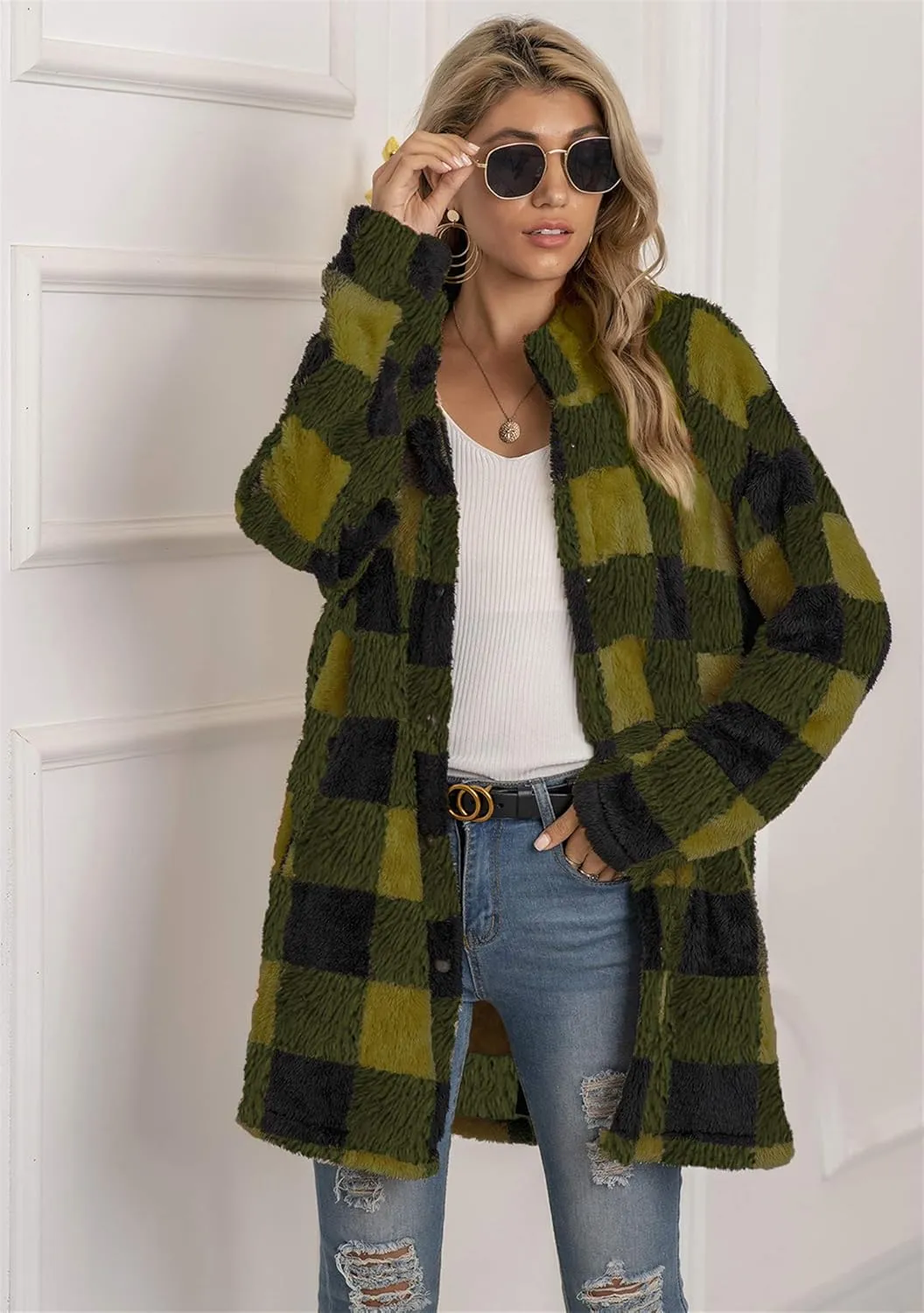 EFOFEI Womens Winter Fleece Plaid Jackets Faux Long Sleeve Coat Fluffy Sherpa Outwear with Pockets
