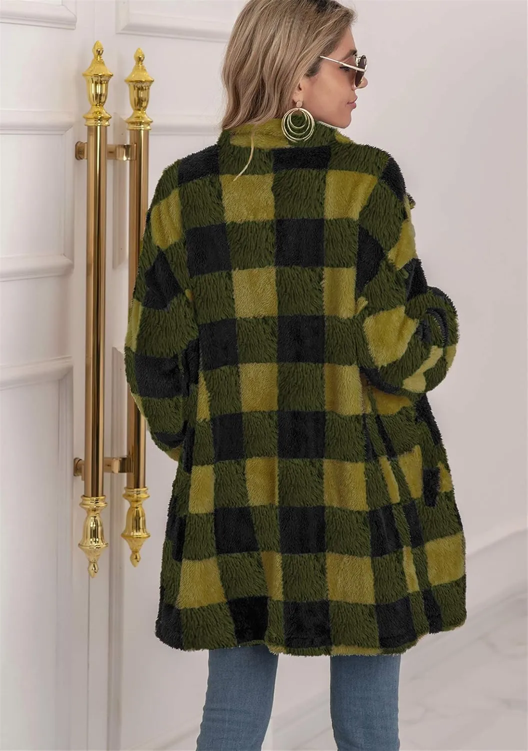 EFOFEI Womens Winter Fleece Plaid Jackets Faux Long Sleeve Coat Fluffy Sherpa Outwear with Pockets