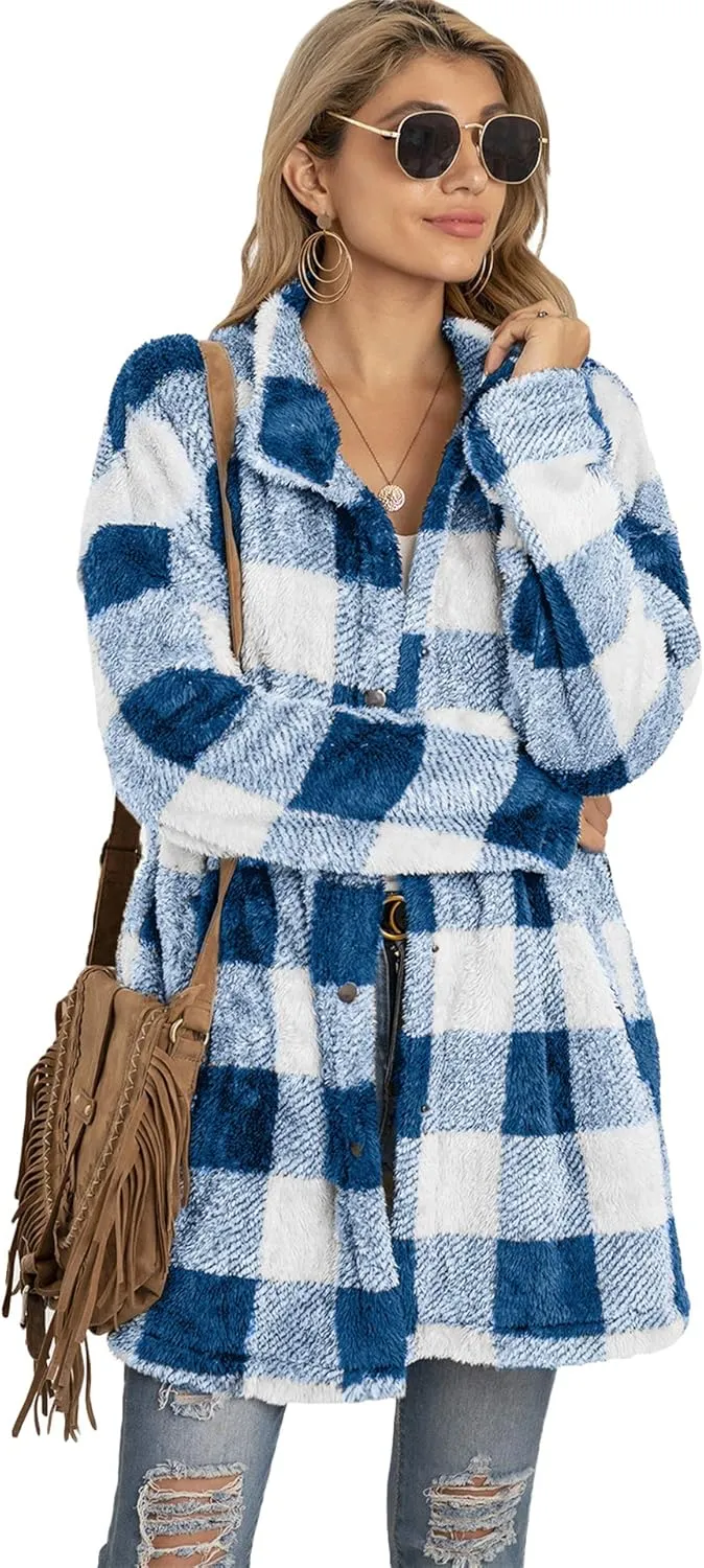 EFOFEI Womens Winter Fleece Plaid Jackets Faux Long Sleeve Coat Fluffy Sherpa Outwear with Pockets