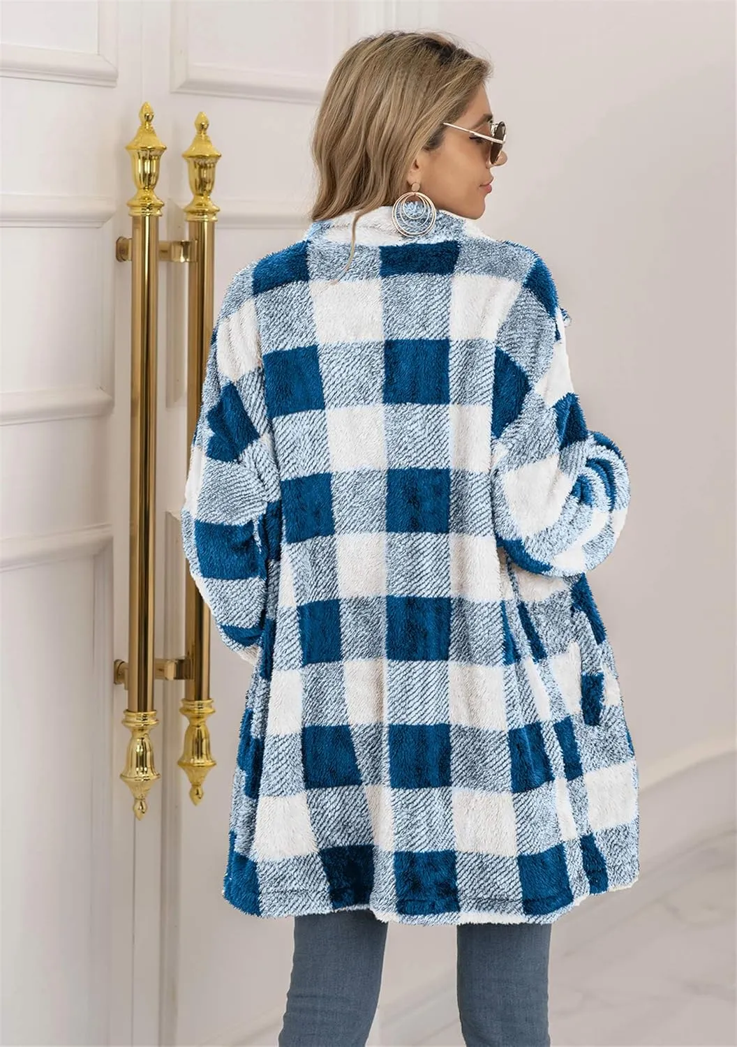 EFOFEI Womens Winter Fleece Plaid Jackets Faux Long Sleeve Coat Fluffy Sherpa Outwear with Pockets
