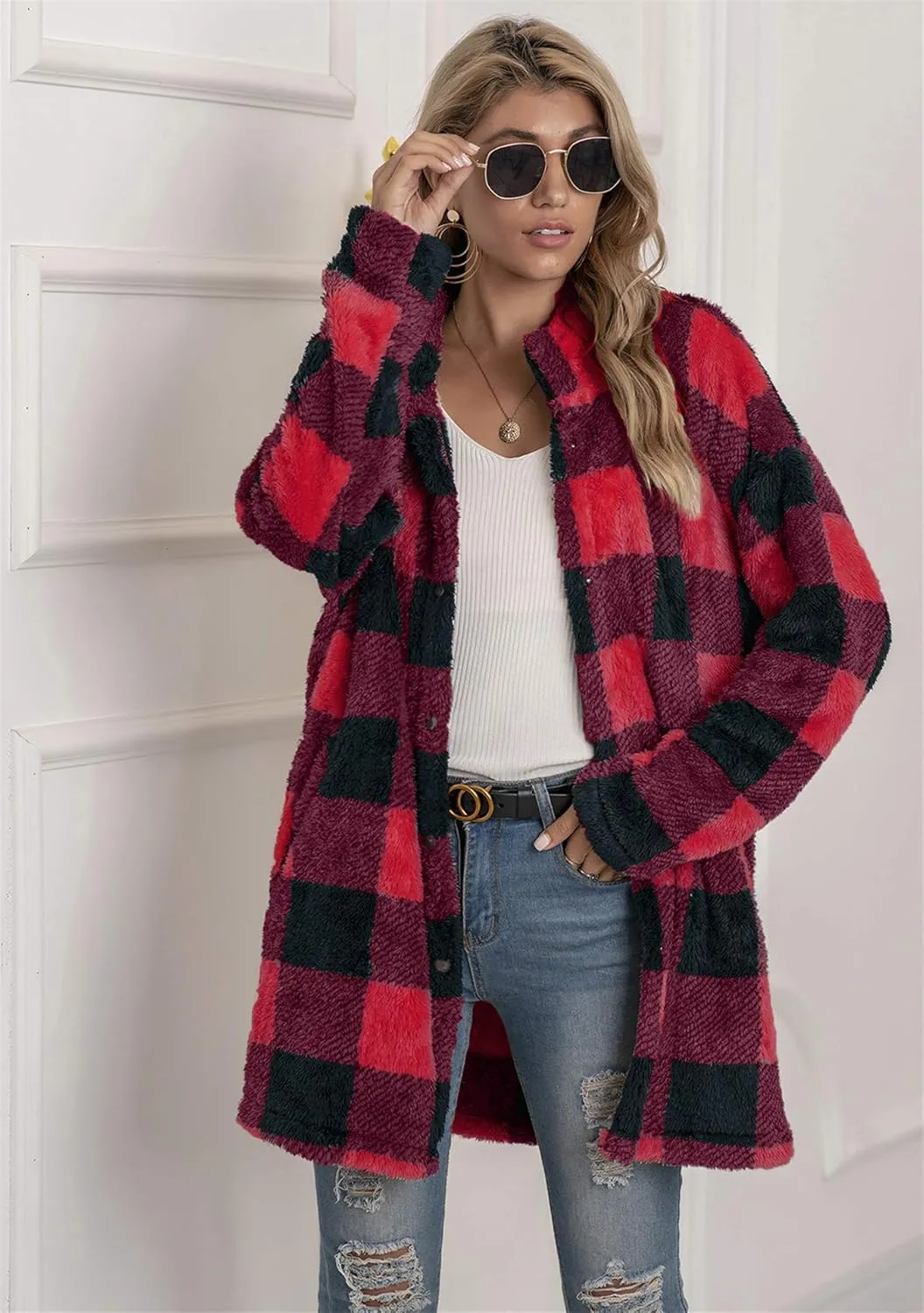 EFOFEI Womens Winter Fleece Plaid Jackets Faux Long Sleeve Coat Fluffy Sherpa Outwear with Pockets