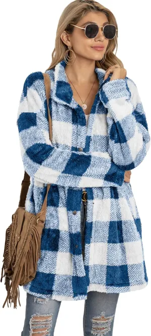 EFOFEI Womens Winter Fleece Plaid Jackets Faux Long Sleeve Coat Fluffy Sherpa Outwear with Pockets