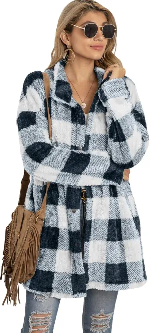 EFOFEI Womens Winter Fleece Plaid Jackets Faux Long Sleeve Coat Fluffy Sherpa Outwear with Pockets