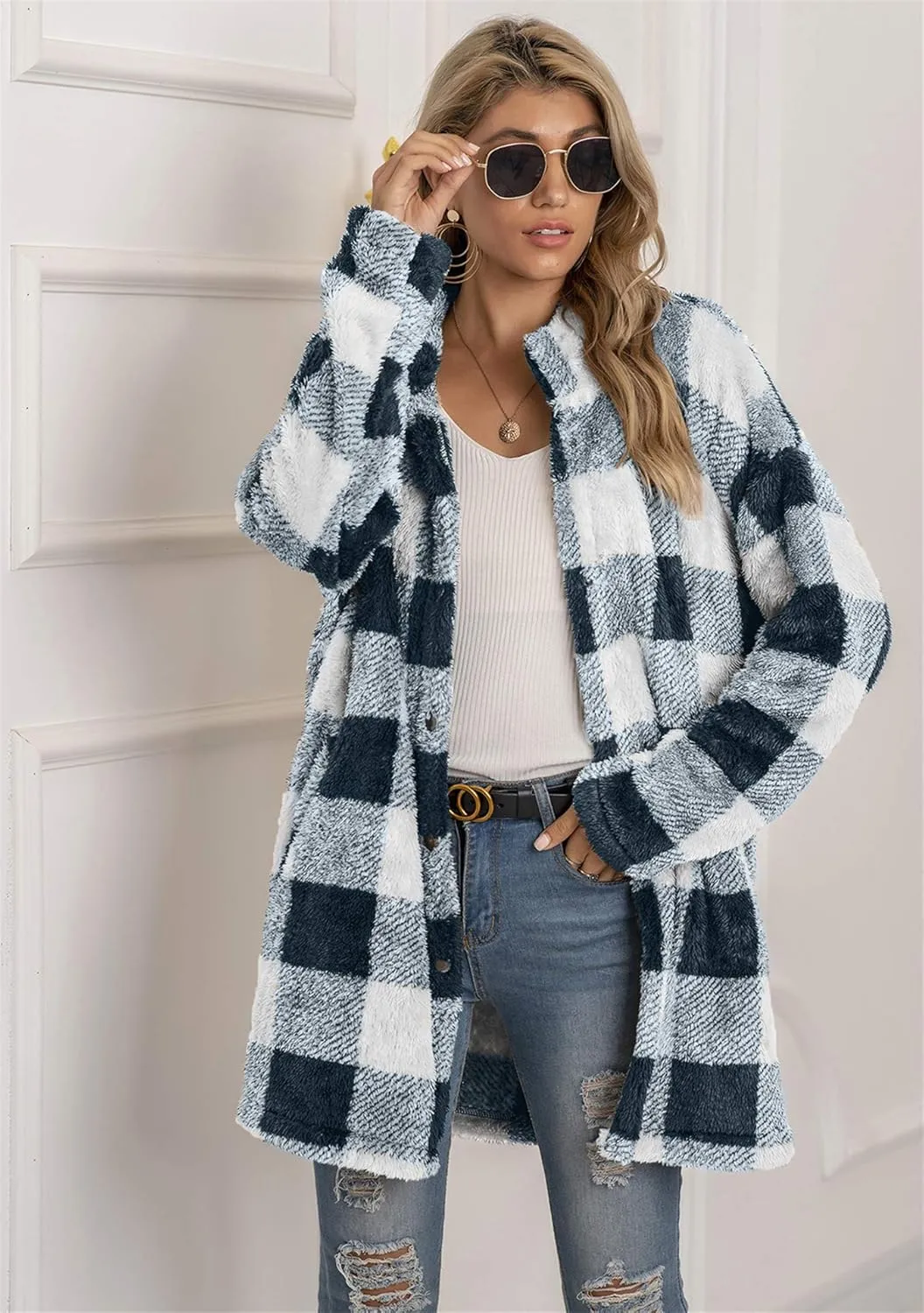 EFOFEI Womens Winter Fleece Plaid Jackets Faux Long Sleeve Coat Fluffy Sherpa Outwear with Pockets