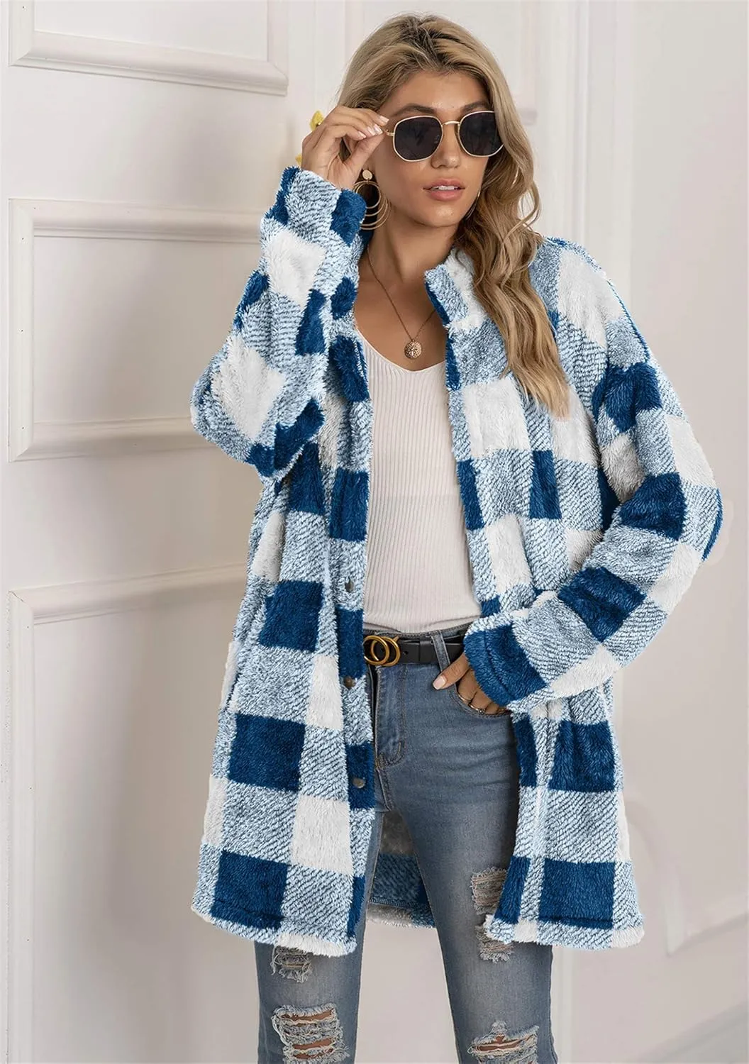 EFOFEI Womens Winter Fleece Plaid Jackets Faux Long Sleeve Coat Fluffy Sherpa Outwear with Pockets