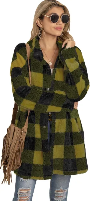 EFOFEI Womens Winter Fleece Plaid Jackets Faux Long Sleeve Coat Fluffy Sherpa Outwear with Pockets