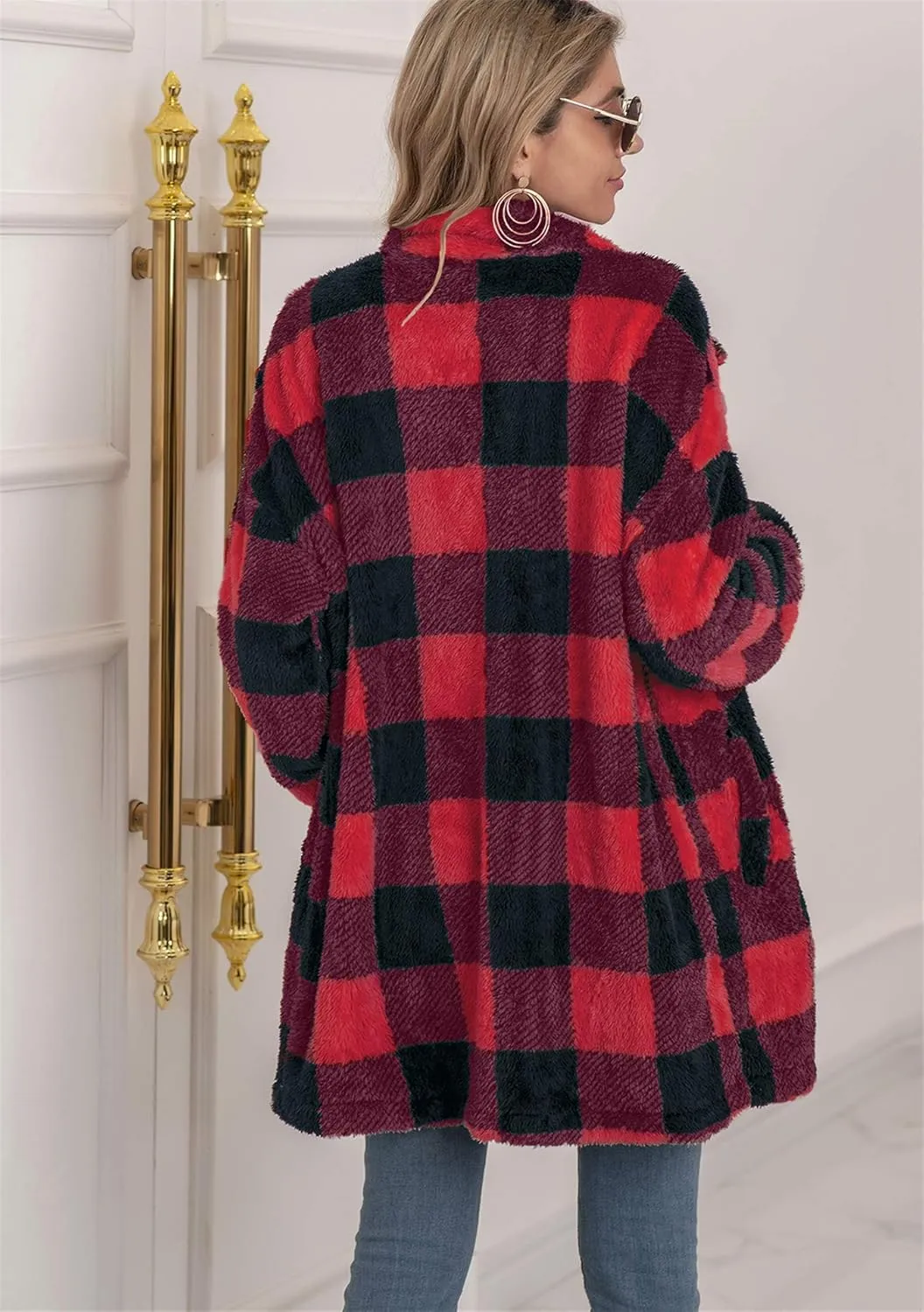 EFOFEI Womens Winter Fleece Plaid Jackets Faux Long Sleeve Coat Fluffy Sherpa Outwear with Pockets