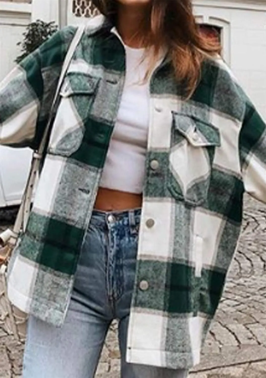 EFOFEI Womens Wool Blend Plaid Jacket Winter Casual Long Sleeve Coat Oversized Boyfriend Checked Shirts