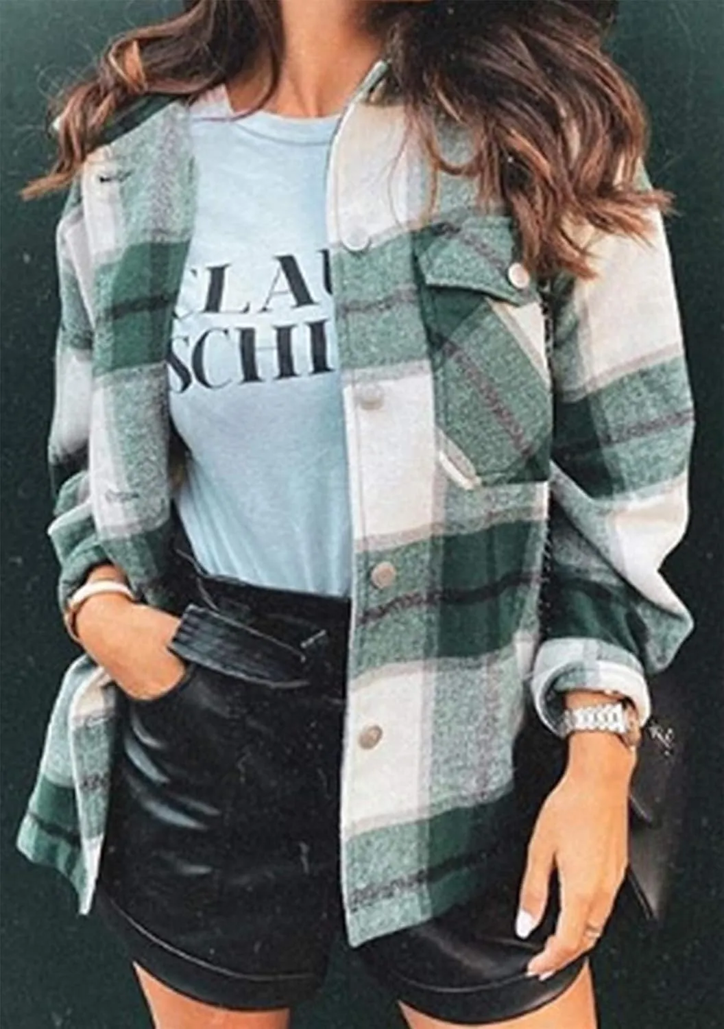 EFOFEI Womens Wool Blend Plaid Jacket Winter Casual Long Sleeve Coat Oversized Boyfriend Checked Shirts