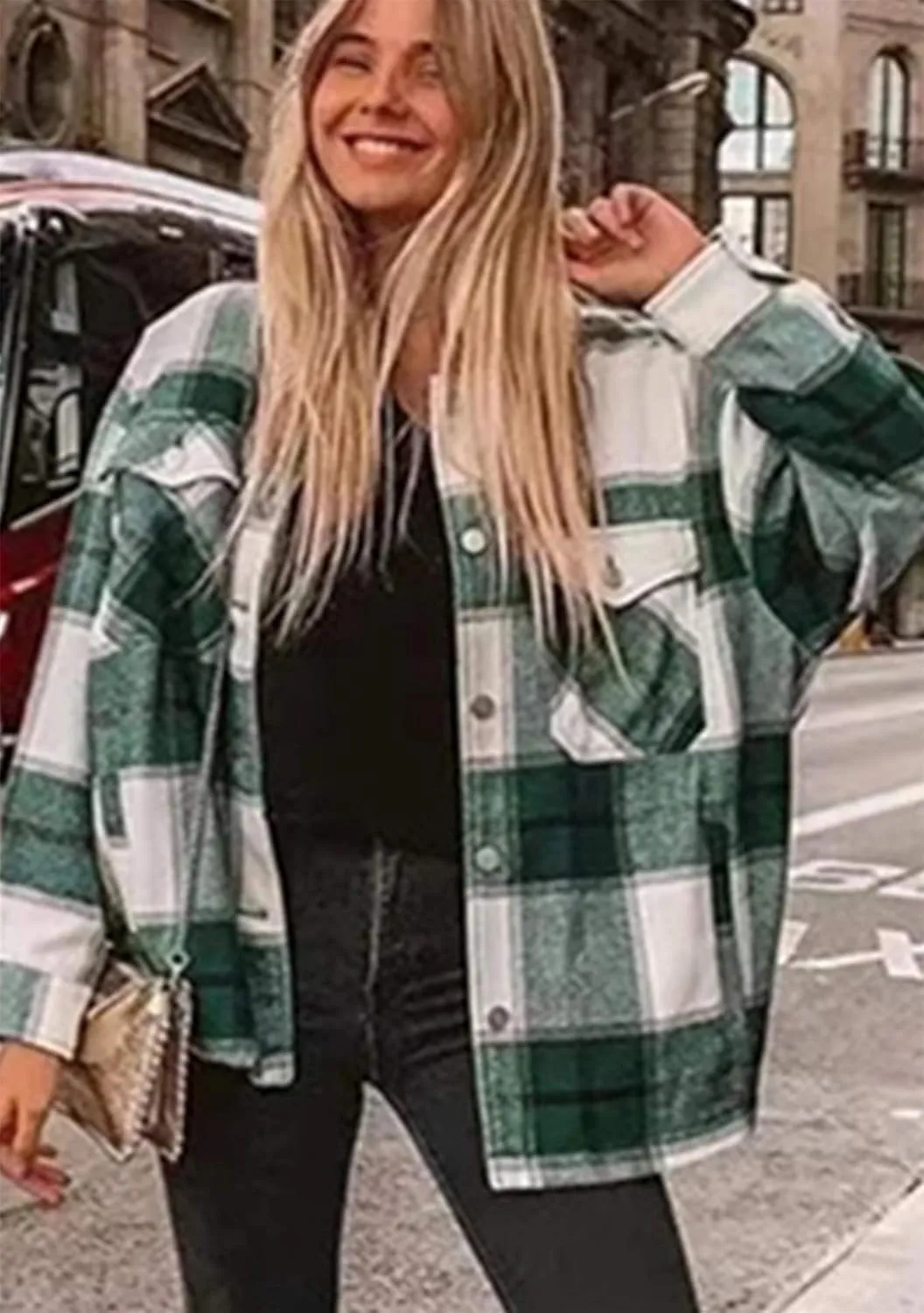 EFOFEI Womens Wool Blend Plaid Jacket Winter Casual Long Sleeve Coat Oversized Boyfriend Checked Shirts