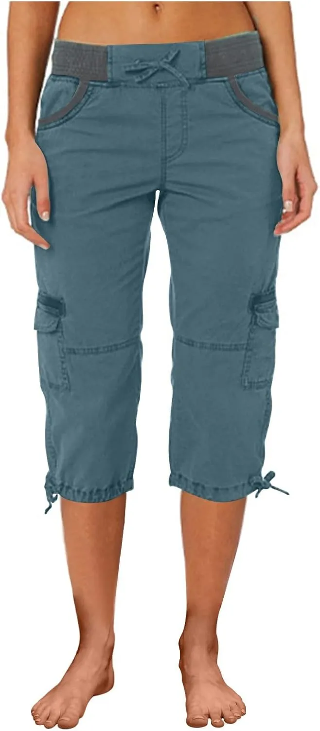 Elastic Waist Cargo Shorts for Women Summer Fashion Casual Travel Cropped Trousers Hiking Relaxed Multi-Pocket Shorts