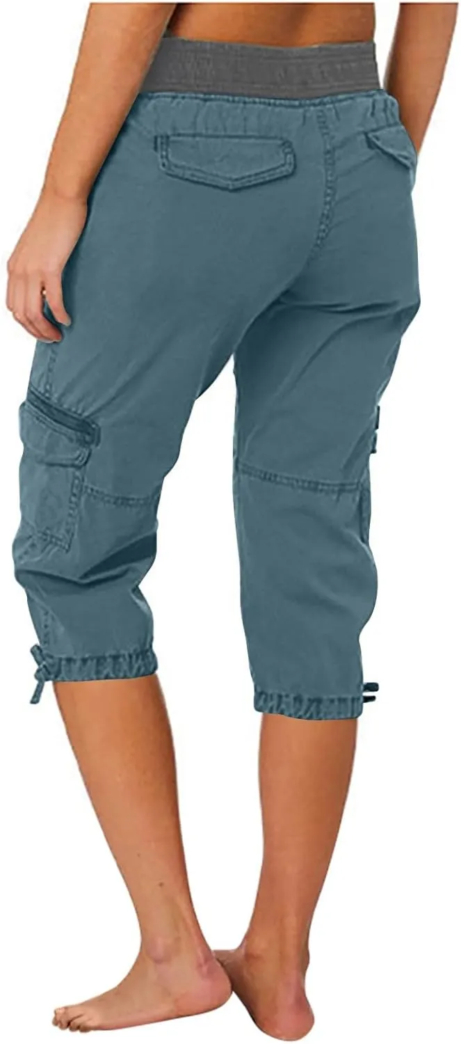 Elastic Waist Cargo Shorts for Women Summer Fashion Casual Travel Cropped Trousers Hiking Relaxed Multi-Pocket Shorts