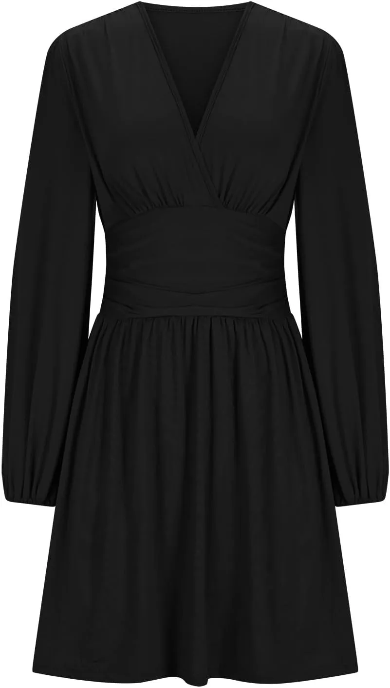 Elegant Empire Waist Falred Dresses for Party Women Retro Lantern Long Sleeve V Neck Midi Dress Loose Fit Casual