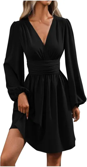 Elegant Empire Waist Falred Dresses for Party Women Retro Lantern Long Sleeve V Neck Midi Dress Loose Fit Casual