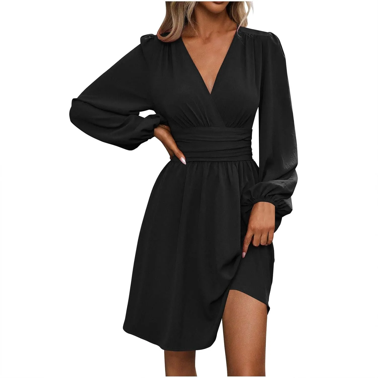 Elegant Empire Waist Falred Dresses for Party Women Retro Lantern Long Sleeve V Neck Midi Dress Loose Fit Casual