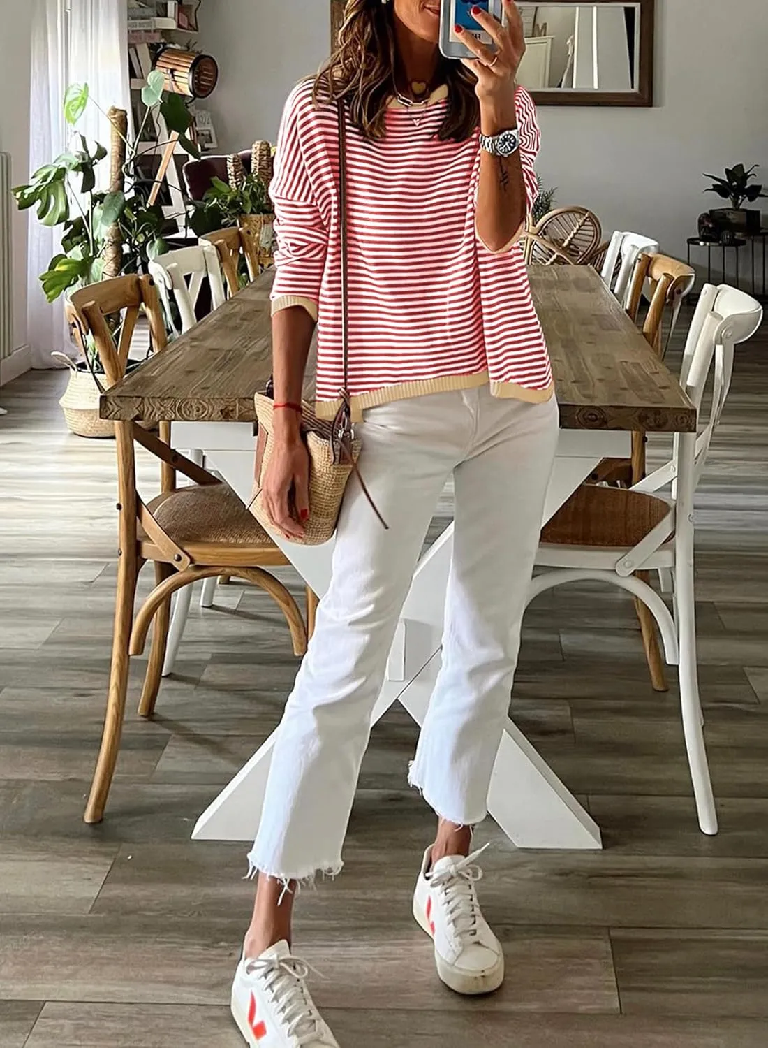 ELFTOWN Women's Cotton Crew Neck Long Sleeve Striped Sweater Pullover Color Block Oversized Casual Knitted Jumper Top
