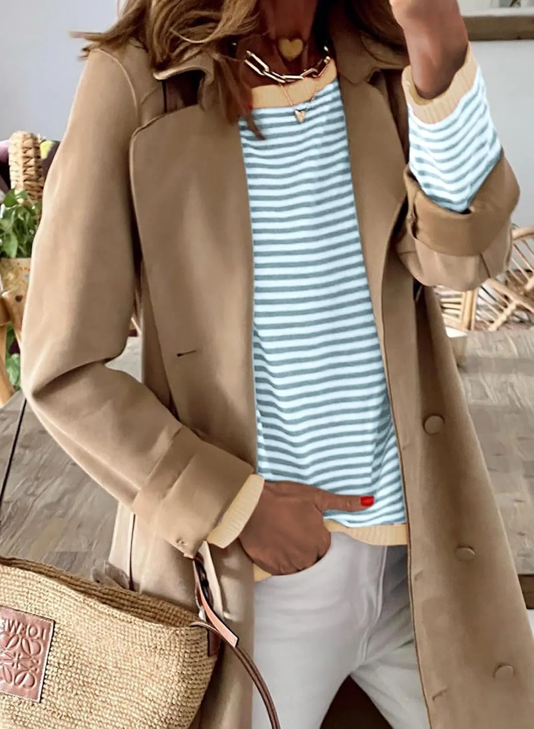 ELFTOWN Women's Cotton Crew Neck Long Sleeve Striped Sweater Pullover Color Block Oversized Casual Knitted Jumper Top