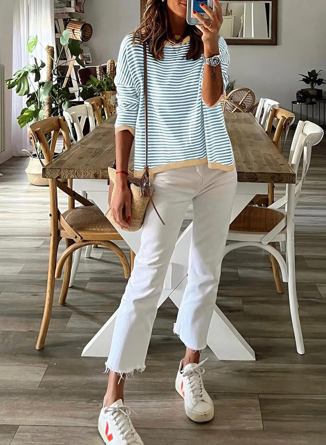 ELFTOWN Women's Cotton Crew Neck Long Sleeve Striped Sweater Pullover Color Block Oversized Casual Knitted Jumper Top