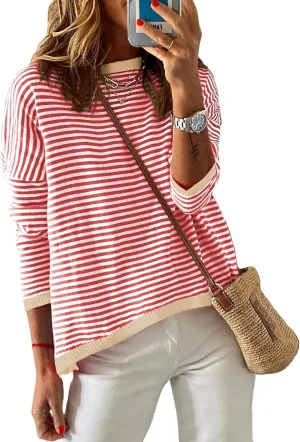 ELFTOWN Women's Cotton Crew Neck Long Sleeve Striped Sweater Pullover Color Block Oversized Casual Knitted Jumper Top