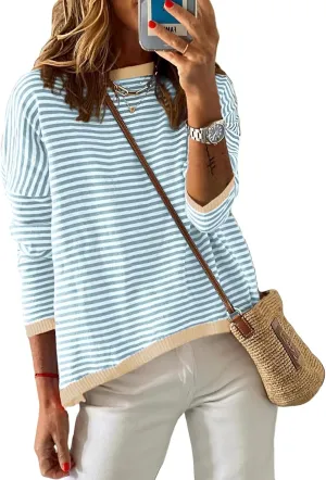 ELFTOWN Women's Cotton Crew Neck Long Sleeve Striped Sweater Pullover Color Block Oversized Casual Knitted Jumper Top