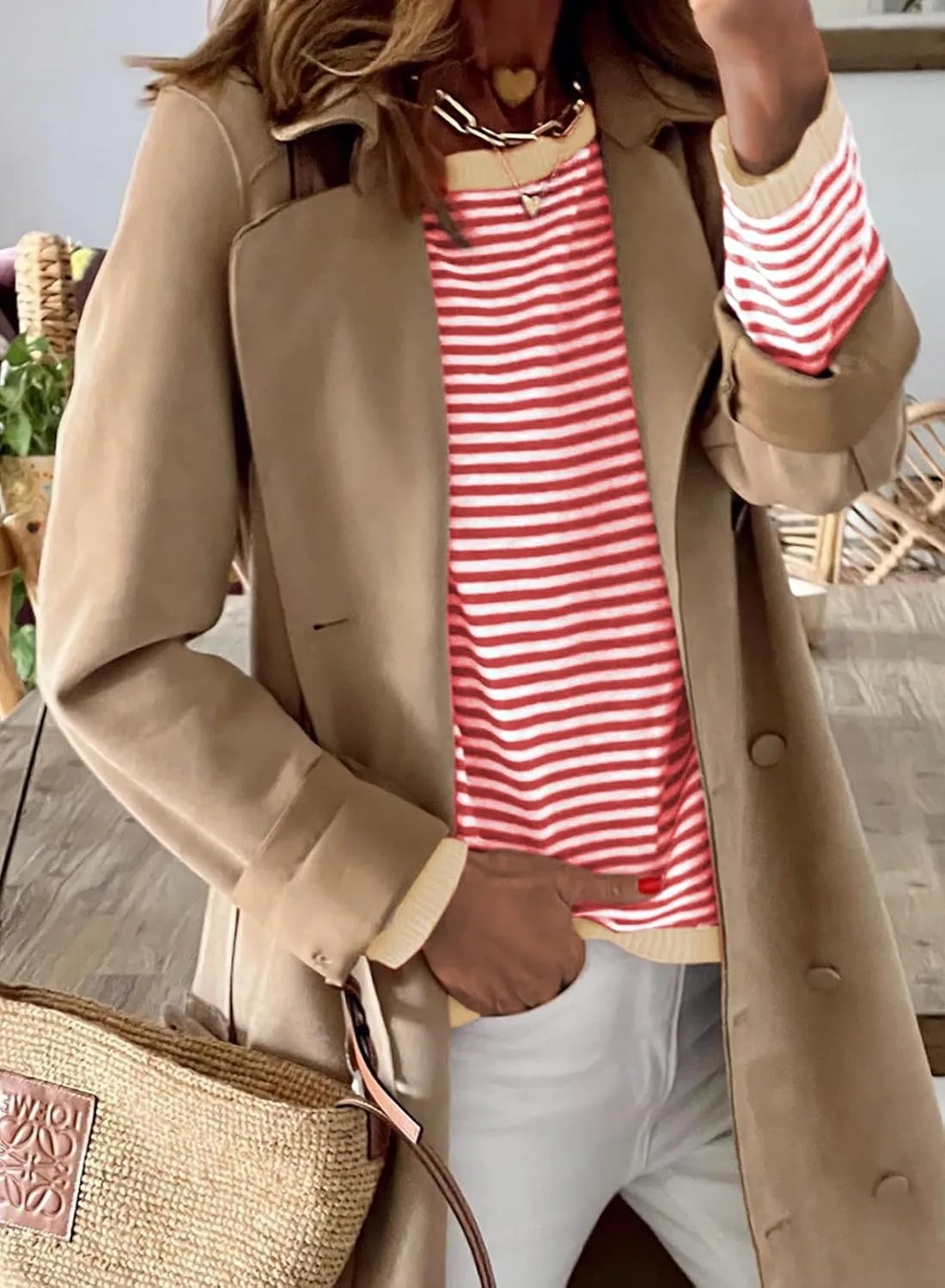 ELFTOWN Women's Cotton Crew Neck Long Sleeve Striped Sweater Pullover Color Block Oversized Casual Knitted Jumper Top
