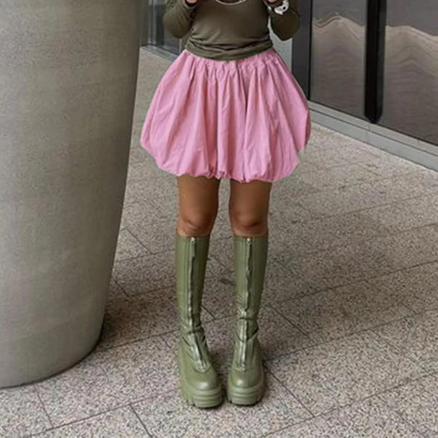 Engofs Women Y2k Bubble Ruffle Skirt Mini Hem Pleated Puffy Short Skirts Streetwear