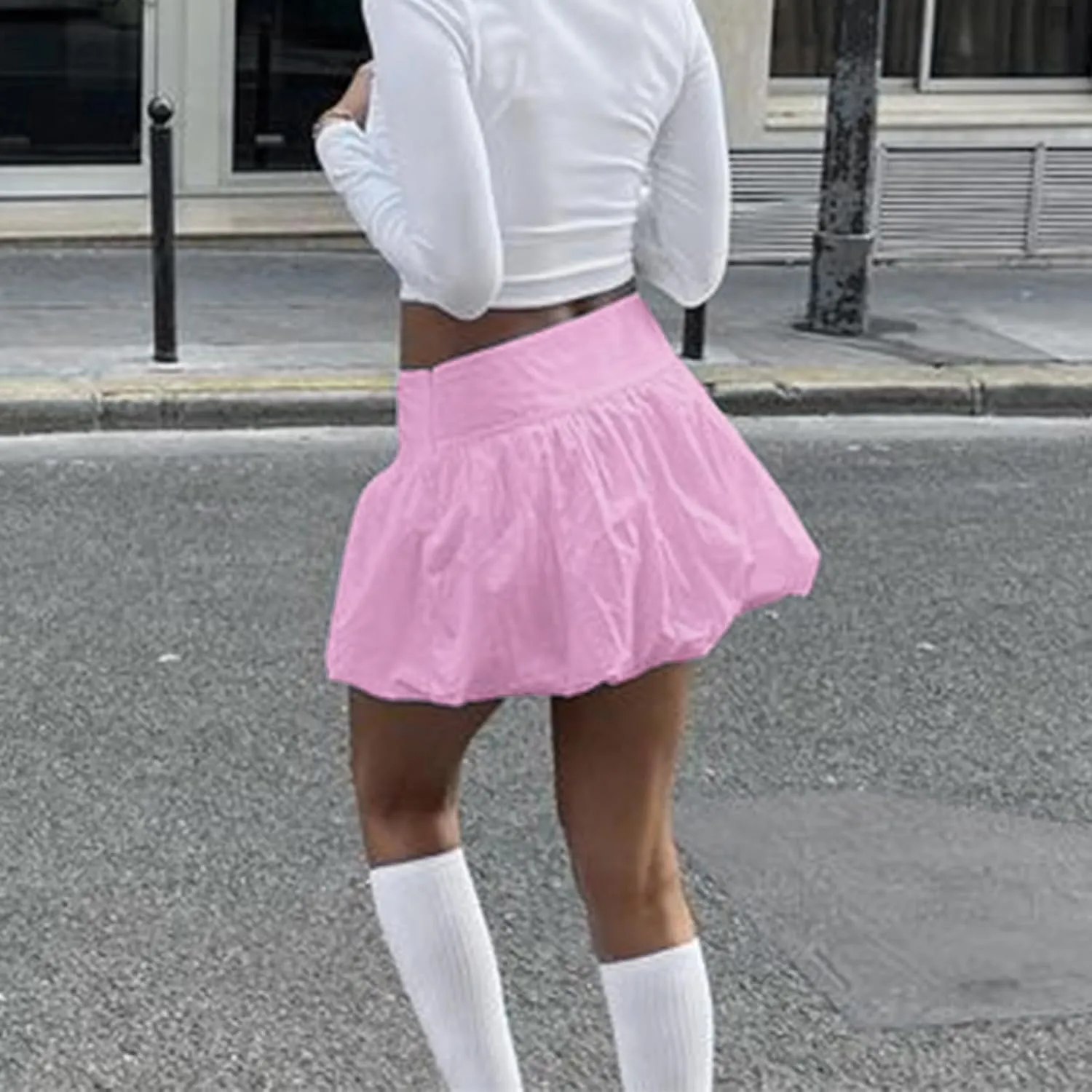 Engofs Women Y2k Bubble Ruffle Skirt Mini Hem Pleated Puffy Short Skirts Streetwear