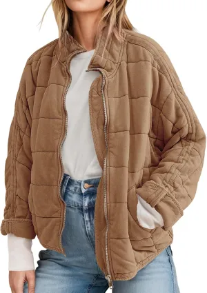 ETCYY Women's Causal Lightweight Quilted Jackets Long Sleeve Oversized Warm Winter Zip Up Coat with Pockets
